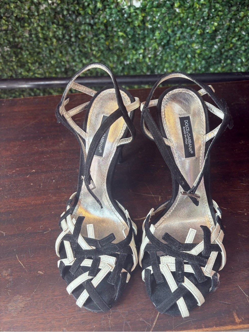 Dolce & Gabbana Black and Cream Woven Strappy Stiletto Heels